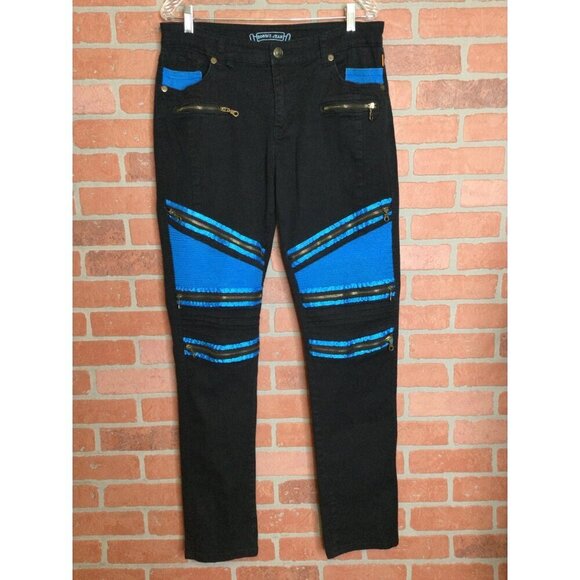 Robins Jeans Mens Black & Blue Moto Zippered Pants Size 36 Embellished - Picture 1 of 11